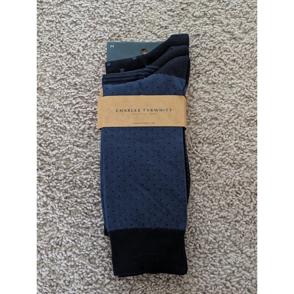 NWT Charles Tyrwhitt Navy/Indigo Blue Pattern Cotton 3 Pack Socks Medium 6-10
